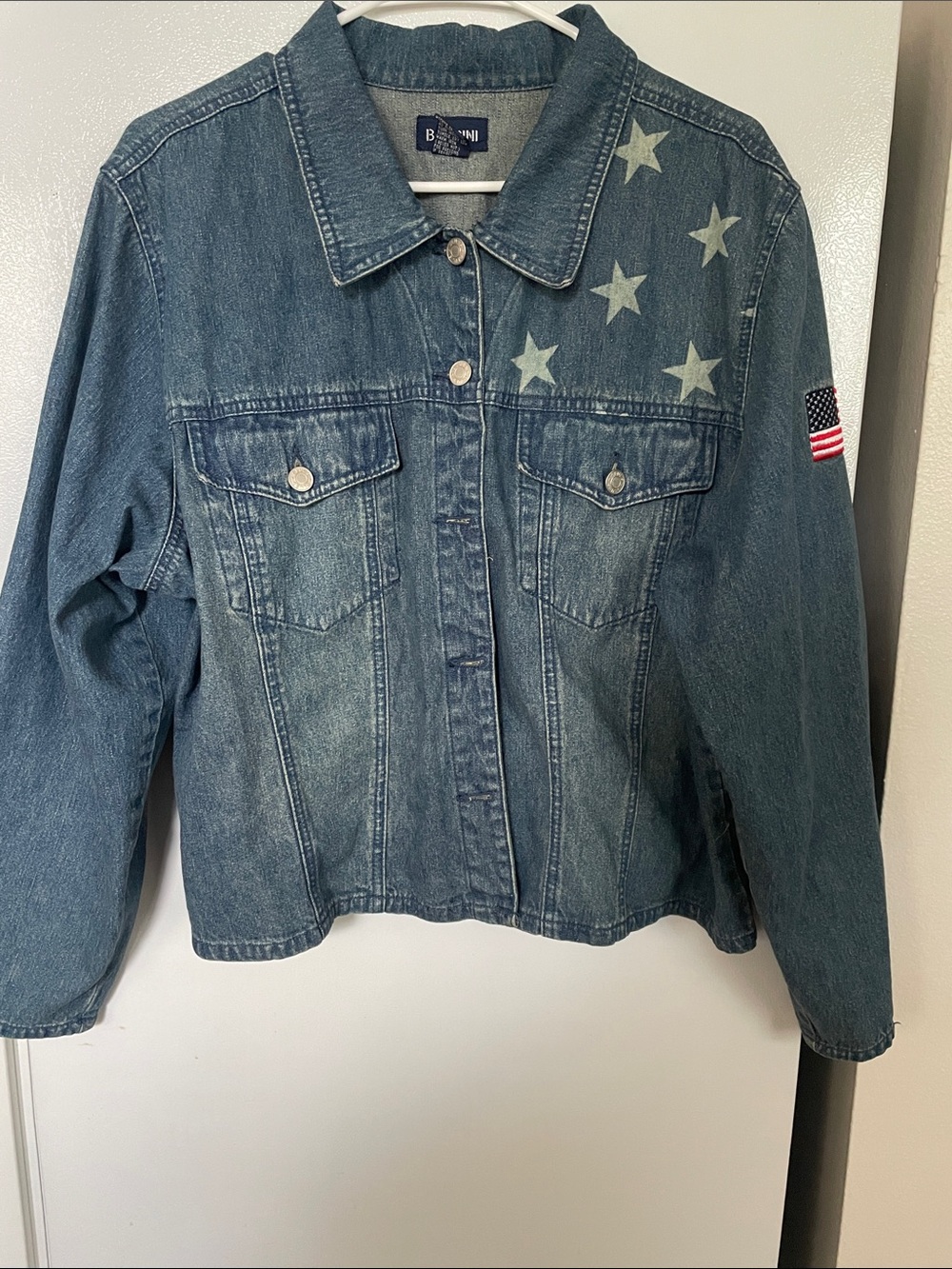 Baccini Size 22 100% Cotton America Blue Denim Jacket Star Print Flag Patch